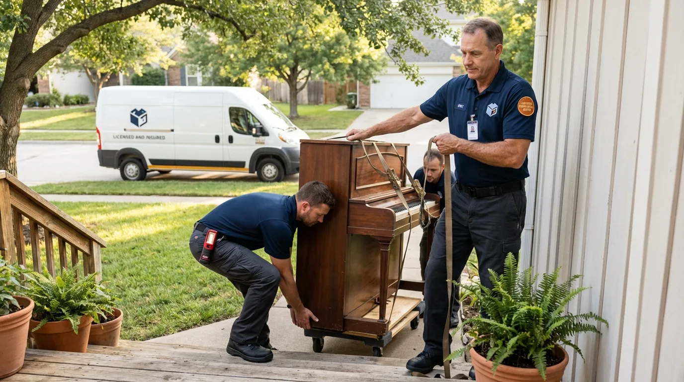 Licensed piano movers securing grand piano in Baraboo, WI