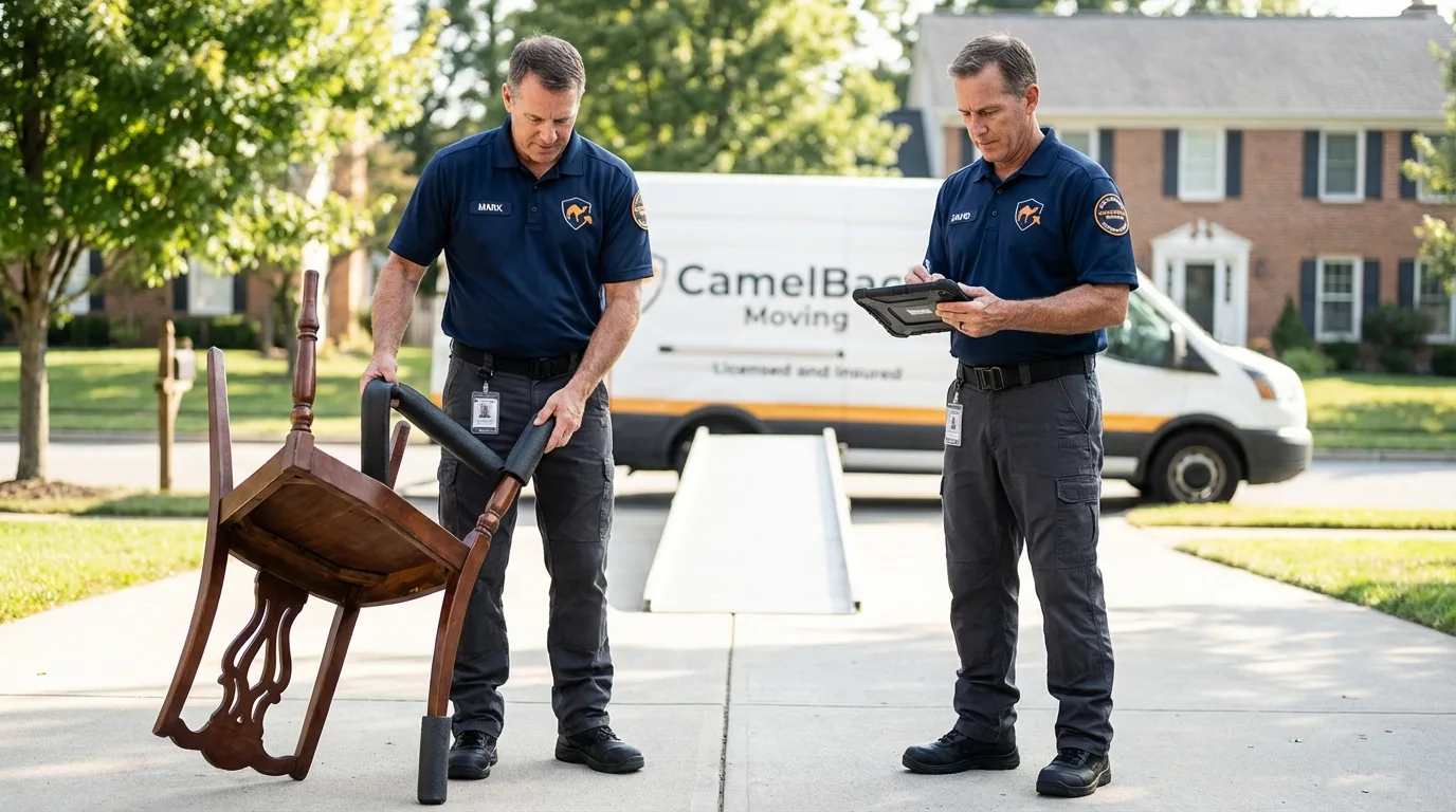 Movers inspecting furniture for damage prevention before loading in Baraboo, WI