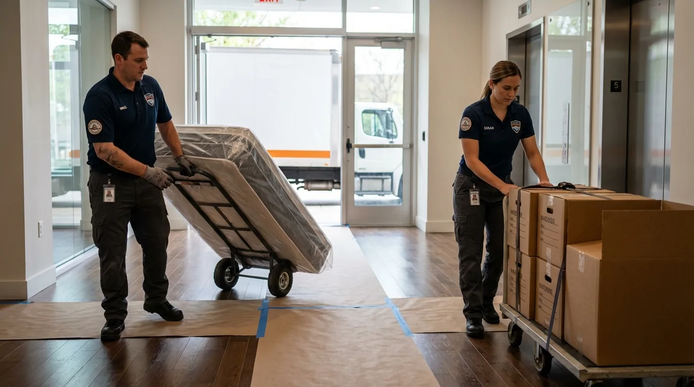 Professional apartment movers loading elevator in Baraboo, WI